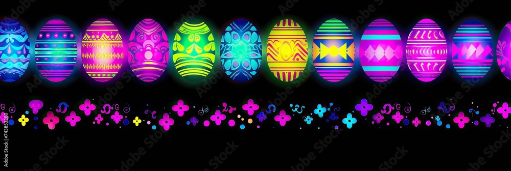 Leinwandbilder a vibrant row of colorful easter eggs sit on a sleek black background, showcasing a stunning array o
