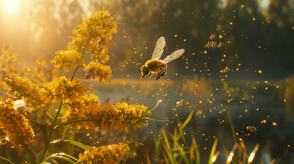 Goldenrod attracting pollinators, using cinematic framing to capture the dynamic and lively scenes of buzzing activity. 