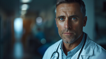 Confident Male Doctor Standing in a Hospital Corridor During Daytime