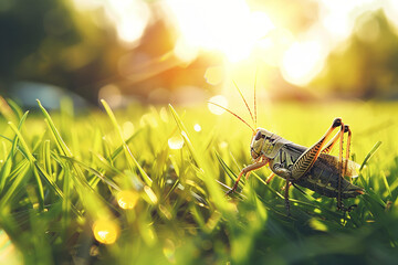 Grasshopper sitting on the grass, locust and insect. Nature, animal and pests, bug and vermin - obrazy, fototapety, plakaty