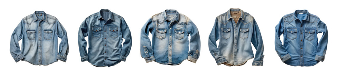 A collection of denim jackets isolated. Blue jean coats on a transparent background. Fashion clothes