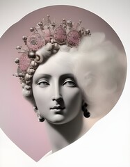 Chic, classical woman with cloud-like hair and an elaborate hat of dull pink