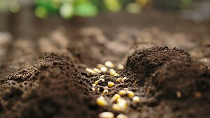 Agriculture an ecological concept of farming. Corn seed lying on the soil, preparation for the spring season, organic farming and gardening.