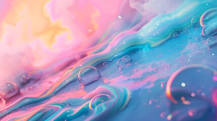 Synthetic liquid beautiful color surf ocean wave background. Abstract pastel holographic blurred grainy banner background texture in vaporwave style and unexpected colors