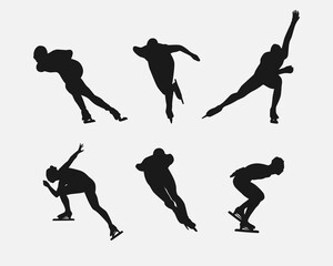 Silhouettes of speed skating. Winter sport, athlete, race, competition concept. Isolated on white background. Vector illustration.