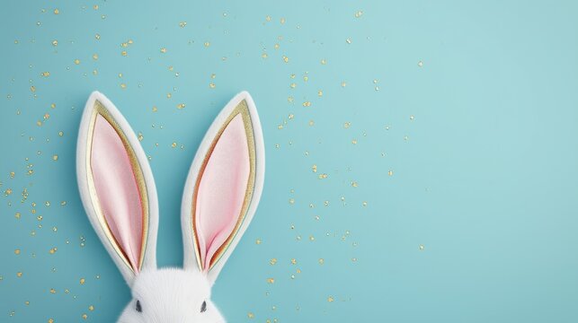 Rabbit ear closed up on pastel blue background, Easter bunny