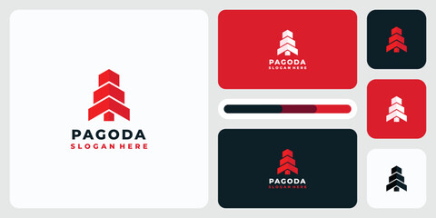 Vector logo design illustration of simple, modern and geometric pagoda stacked roof shape.