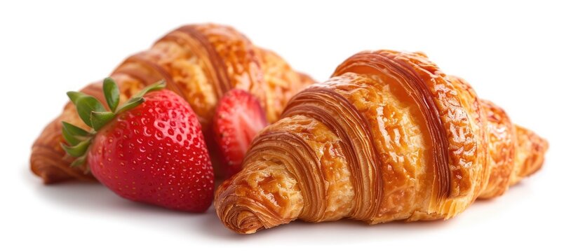 This photo features a vibrant close-up of a croissant and a strawberry, both isolated on a white background.