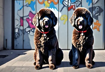 Street art artistic image of 2 newfoundlands 2 male standard poodles. AI generated - obrazy, fototapety, plakaty