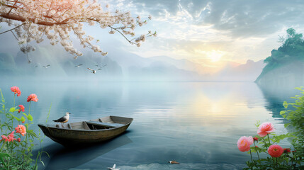 Beautiful 3D Wallpaper with Bird and Boat.