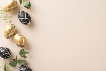 Sophisticated Easter motif: Overhead shot of exquisite eggs, organic eucalyptus foliage, subtle gypsophila petals, arranged neatly on light beige backdrop, providing space for message or promo