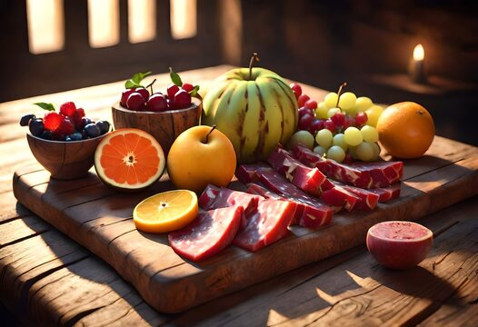 Seasonal Fruit Cut Up And Arranged On A Wooden Board, Aesthetic, Warm Dramatic Lighting, Medieval Tavern, Delicious Charcuterie. AI generated