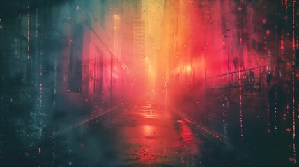 Fototapeta premium Blurred city lights with bokeh effect at rainy night, Grunge texture frame. Dusted Holographic Abstract Multicolored Vintage Retro Looking background with Light Leaks Prism 