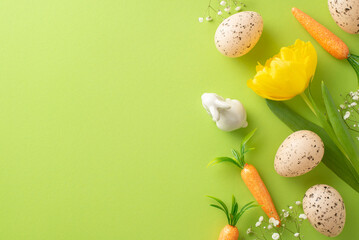 Vibrant Easter theme. Top view of eggs, bunny snacks, gypsophila, and tulip on a green surface,...