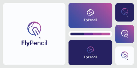 Vector logo design illustration of pencil line shape and modern space moon.