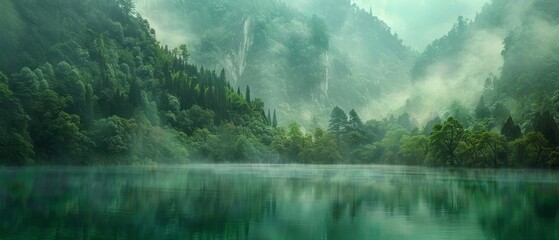 The mystical fog-covered forests of Jiuzhaigou Valley, China, hiding ancient secrets within their emerald depths - obrazy, fototapety, plakaty