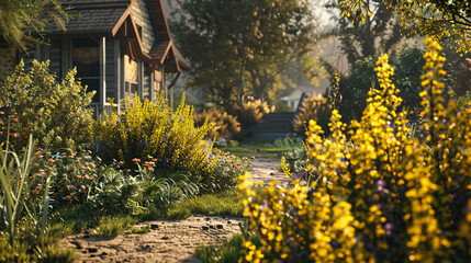 Obraz premium Goldenrod gracing a cottage garden, utilizing cinematic framing to evoke a cozy and charming atmosphere.