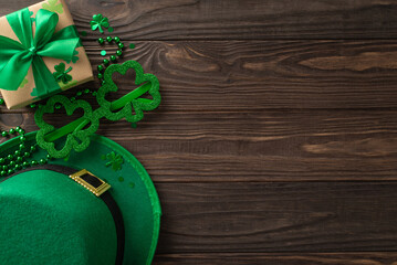 Magical St. Patrick's display, with top view clovers, leprechaun hat, gift parcel, celebratory...