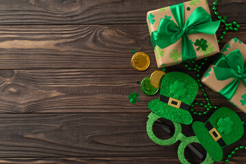 Captivating St. Patrick's arrangement from top-view, with shamrocks, wealth coins, parcels,...