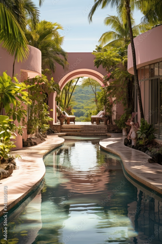Poster a serene pool surrounded by lush palm trees stands next to a contemporary building, creating a relax