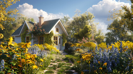 Fototapeta na wymiar Goldenrod gracing a cottage garden, utilizing cinematic framing to evoke a cozy and charming atmosphere.