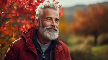 Close-up of a handsome stylish gray-haired senior man wearing a red jacket and looking into the distance against the background of an autumn landscape.
