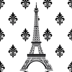 Foto op Plexiglas isolated. wallpaper. The pattern seamless. Graphic drawing of the Eiffel Tower and plant elements. French motif. Hand drawn graphic. Black and white picture. Textile, Paper, Packaging © PanArt