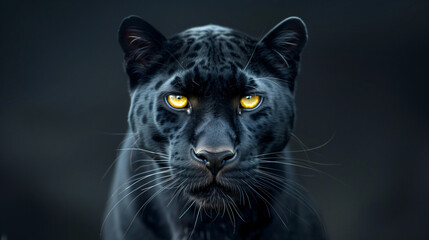 Beautiful Black Panther with Yellow Eyes on a Dark Background.