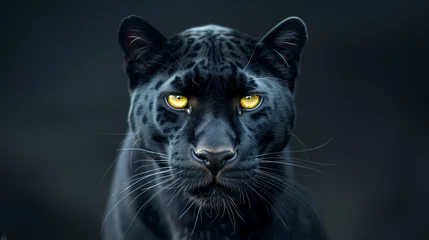 Tuinposter Beautiful Black Panther with Yellow Eyes on a Dark Background. © Bitz
