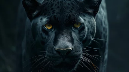 Poster Beautiful Black Panther with Yellow Eyes on a Dark Background. © Bitz
