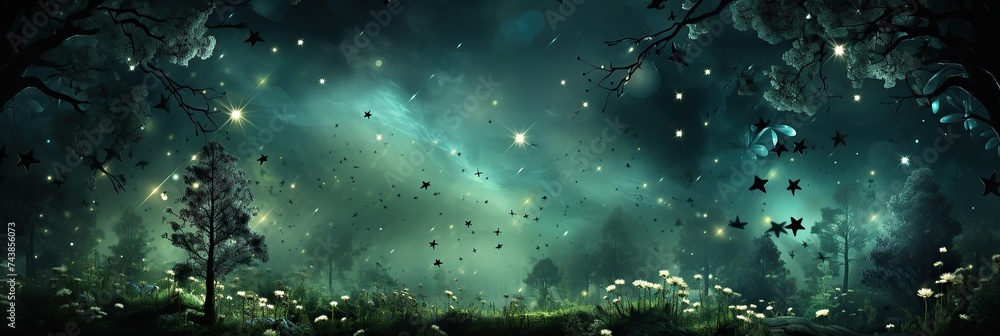 Poster A dense forest illuminated by a star-filled sky, creating a magical and serene atmosphere under the night sky