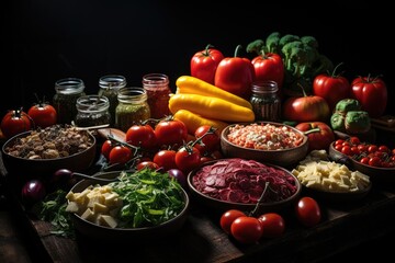 table full of different of ingredient or types of foods professional advertising food photography