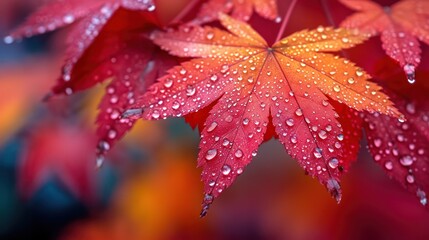 A close-up of a red autumn leaf with glistening water droplets