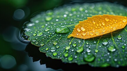 A sparkling dewdrop clings to a lush green leaf