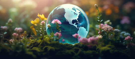 Obraz na płótnie Canvas Planet Earth around beautiful flowers and grass. Earth Day. Poster on the theme of ecology and environmental protection