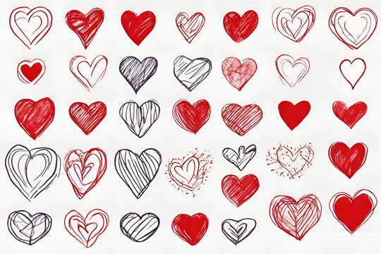 Doodle hearts sketch set. Various different hand drawn heart icon love collection isolated on white background. Red heart symbol for Valentines Day