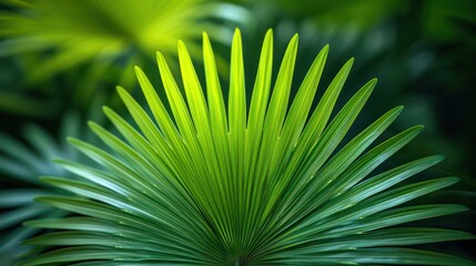 Fototapeta premium Close-up of a tropical palm leaf showing its green, textured surface and overlapping leaflets