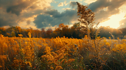 Goldenrod in the autumn landscape, showcasing its warm hues amidst fall foliage.