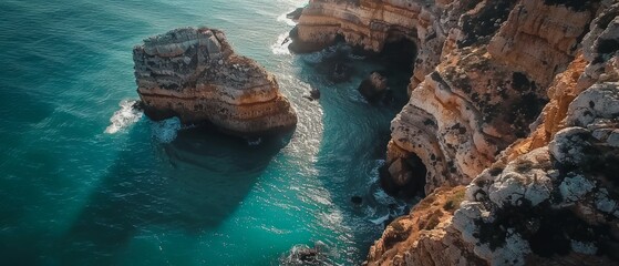 The rugged coastline and hidden coves of the Algarve, Portugal, where cliffs meet the shimmering...