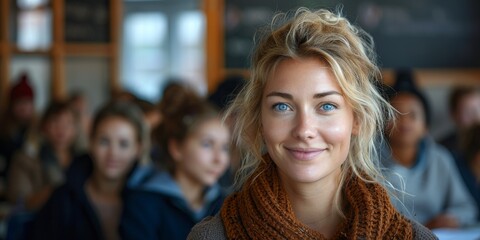 A girl with a warm smile and bright blue eyes gazes confidently at the camera, her blonde layered hair framing her face and complimenting her stylish clothing as she stands indoors with her perfectly - obrazy, fototapety, plakaty