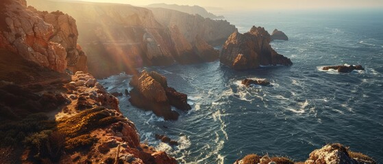 The rugged coastline and hidden coves of the Algarve, Portugal, where cliffs meet the shimmering Atlantic Ocean - obrazy, fototapety, plakaty