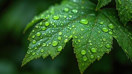 A close-up of a green leaf glistening with morning dew drops