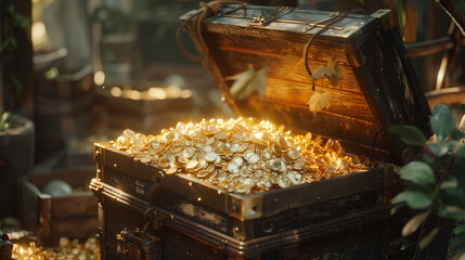 Antique Wooden Treasure Chest Brimming With Gold Coins in Mysterious Dimly Lit Room - obrazy, fototapety, plakaty