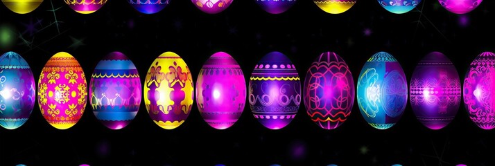 A colorful group of lit up Easter eggs illuminated in the dark, arranged neatly on top of a table