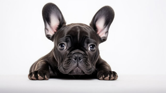 Adorable Black French Bulldog dog little puppy sitting pose isolated on white background created with Generative AI Technology