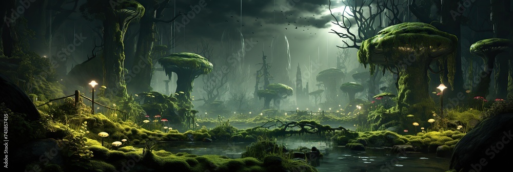 Poster a captivating scene unfolds in a dark forest filled with towering trees and abundant foliage, creati
