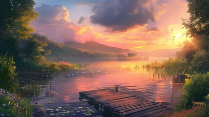**A tranquil lake surrounded by lush greenery, with a small wooden dock extending into the water and a colorful sunset painting the sky in shades of orange and pink - obrazy, fototapety, plakaty