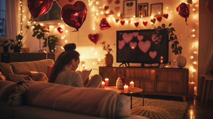 A cozy living room adorned with heart-shaped balloons and delicate flower arrangements, where a mother reads stories to her children by the warm glow of candlelight - obrazy, fototapety, plakaty