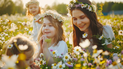 A picturesque scene of a mother and her children frolicking in a field of wildflowers, their laughter echoing through the air as they weave flower crowns together