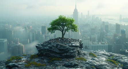 A lone tree stands resiliently atop a towering rock amidst a misty cityscape, reaching towards the sky as if to defy the surrounding concrete jungle